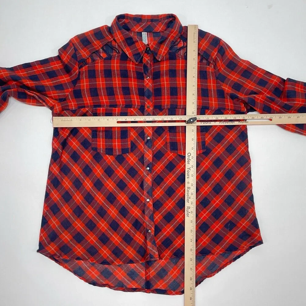 Free People Top Medium Orange Blue Plaid‎ Snap Button Front Relaxed Sheer Hi Low